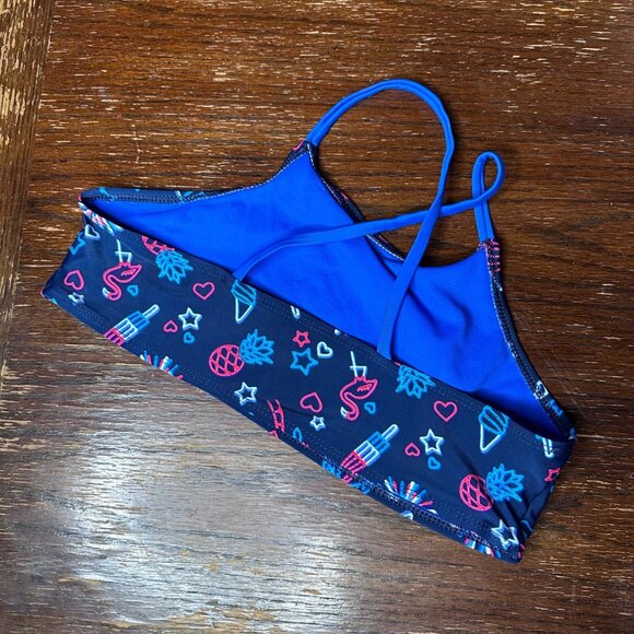 Wonder Nation Girls Swim Top XXL/18 Navy Blue Neon Fireworks Flamingo Print High - Picture 4 of 7